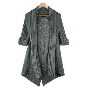 BCBGMaxazria Sweater Cardigan Womens Large Gray Crochet Back Long Heavyweight